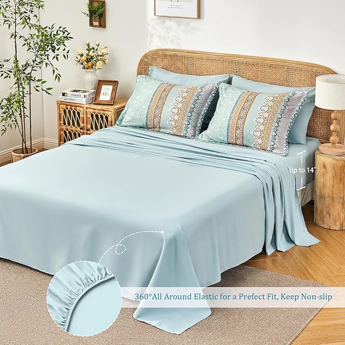 Boho Comforter Set Queen - 7 Pieces Bed in a Bag, Bohemian Striped Comforter Set with Sheets, Soft Microfiber Sage Green Floral Bedding Set for All Season