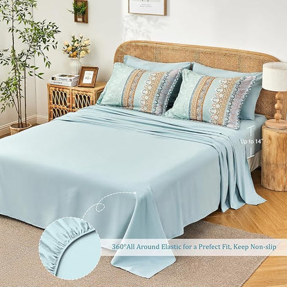 Boho Comforter Set Queen - 7 Pieces Bed in a Bag, Bohemian Striped Comforter Set with Sheets, Soft Microfiber Sage Green Floral Bedding Set for All Season