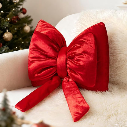 AELS Bow Pillow Decorative Throw Pillow, Shining Velvet Cute Pillow, 15.3"" & 13.7"" for Valentine's Day, Wedding, Christmas, Living Room, Bedroom, Nursery Decor, Red