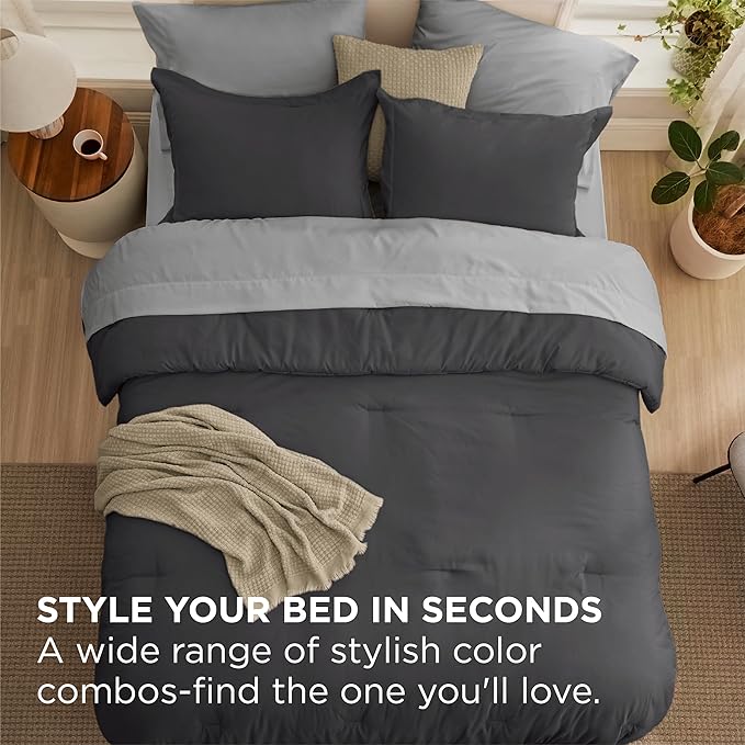 Bedsure Queen Comforter Set - 7 Pieces Dark Grey Queen Bedding Set for All Seasons, Boho Contrasting Design Bed in a Bag with Comforter, Sheets, Pillowcases & Shams