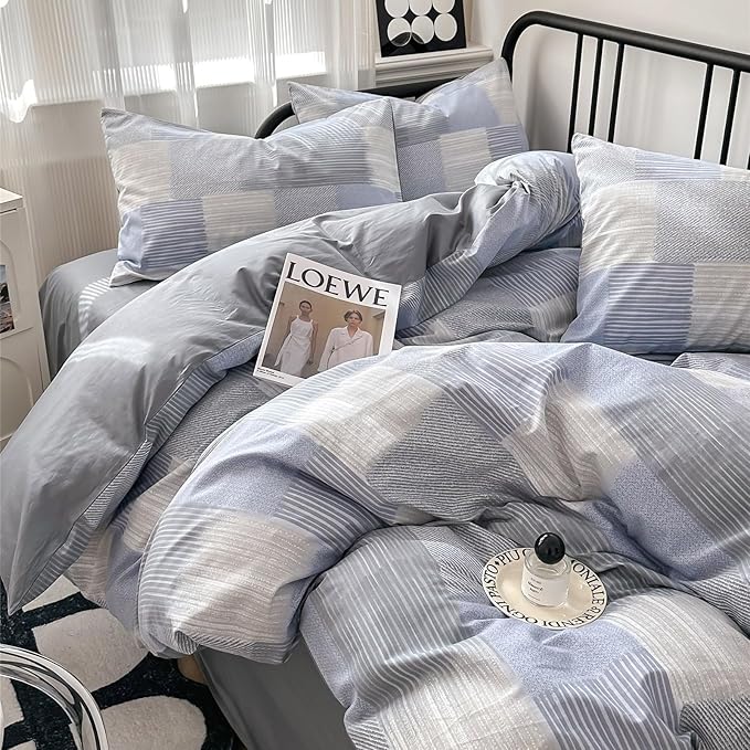 HighBuy Blue Grey Full Size Grid Stripe Patchwork Bedding Comforter Set Full 3 Pieces Buffalo Plaid Comforter Bedding Set Boho Stylish Geometric Plaid Fluffy Home Decor