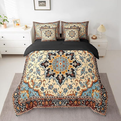 Erosebridal Oriental Floral Queen Size Comforter Set Vintage Flower Bedding Comforter Sets for Kids, Art Deco Medallion Bed in a Bag 7pcs Retro Aesthetic Bedding Set, Boho Paisley Bed Set Breathable