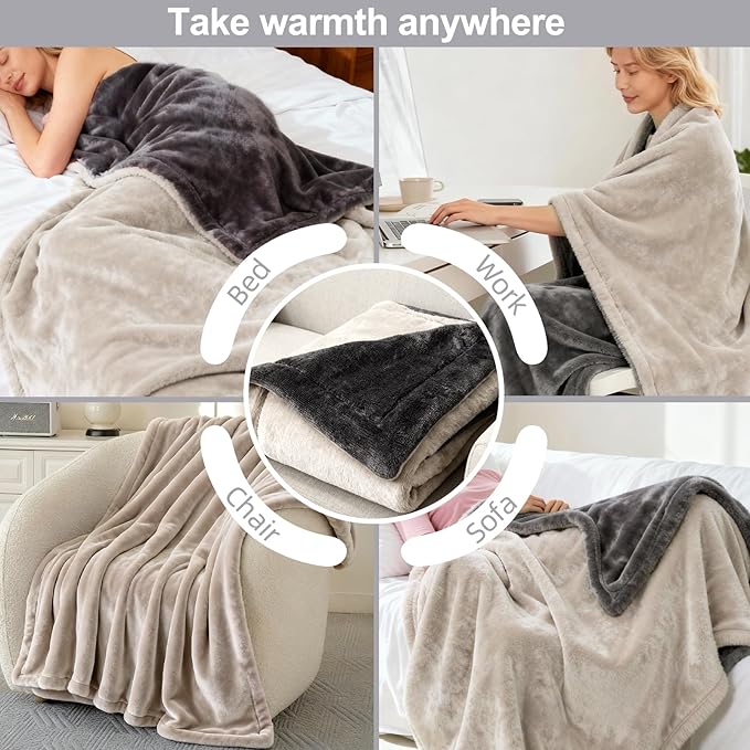 Electric Heated Blanket Throw 50''x60'' – Soft Dual-Sided Flannel, 12 Heat Settings, Smart Timer, ETL & FCC Certified, Machine Washable (Deep Gray & Light Gray, Single(50"x60"))