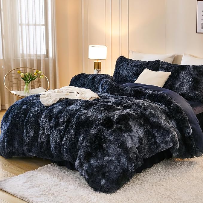 Andency Faux Fur Tie-Dyed Black Blue Comforter Set Full Size, 3 Pieces Fluffy Fuzzy Plush Bedding Comforter Set (1 Shaggy Velvet Comforter & 2 Pillowcases), Soft Puffy Down Comforter Bedding Set