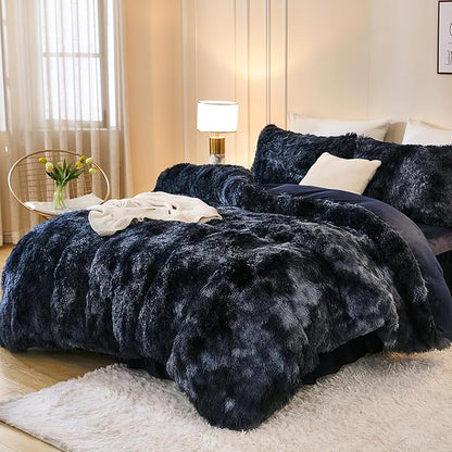Andency Faux Fur Tie-Dyed Black Blue Comforter Set Full Size, 3 Pieces Fluffy Fuzzy Plush Bedding Comforter Set (1 Shaggy Velvet Comforter & 2 Pillowcases), Soft Puffy Down Comforter Bedding Set