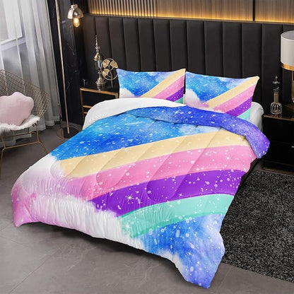 3 Piece Rainbow Queen Size Comforter Set for Teen Girls Adults,Stars Soft Bedding Sets All Season,Blue Space Quilt Set Season Alternative Down Bedding with 2 Pillowcase,91x91 Inches