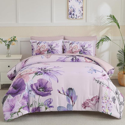 Yogeneg Queen Comforter Set 7 Piece Bed in a Bag,Elegant Floral Botanical Pattern Purple Bedding Set,Soft Microfiber Comforter with Sheet Set,All Season Bed Set(Purple Floral,Queen)
