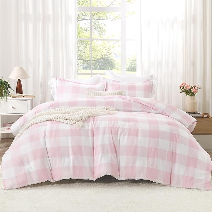 Andency Pink Checkered Comforter Queen(90x90Inch), Plaid Gingham Buffalo Plaid Grid Bedding Sets for Girls Kids Women Kids Teens, 3 Pieces Lightweight Microfiber Geometric Preppy Bed Set