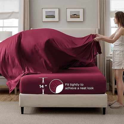 Bedsure Full Comforter Set Dark Red - Bed in a Bag Full Size Bedding Set 7 Pieces, GentleSoft™ Pintuck Bed Set Gift for Family, Pinch Pleat All Season Comforter with Sheets, Pillowcases & Shams
