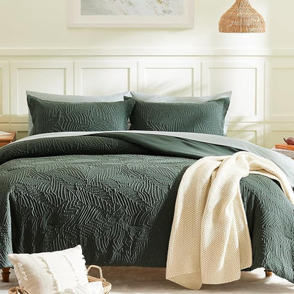 Geniospin King Size Comforter Set - 7 Pieces Dark Green Bedding Set, Botanical Textured Comforter Bed Set, All Season Lightweight Bed in a Bag with Comforter, Sheets, Pillowcases & Shams