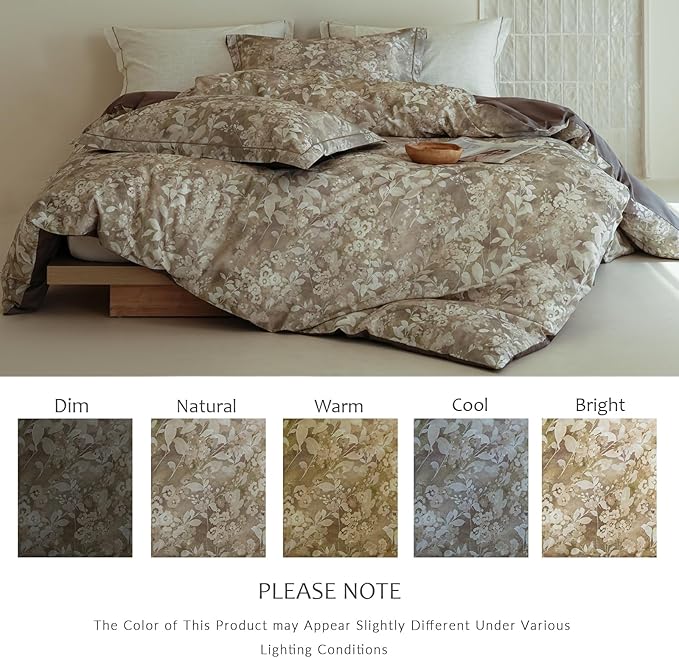 King Size Floral Comforter Set, 3Pcs Long Staple Cotton Duvet for All Seasons, Brown Botanical Print Bedding Set with 1 Lightweight Comforter and 2 Pillow Shams