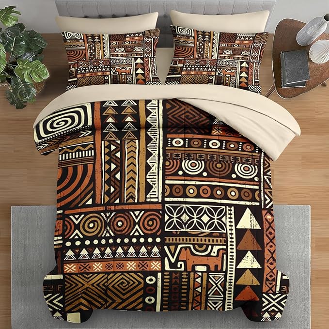 Comforter Set Twin Size, Vintage Tribal African 5 Pcs Bedding for Kids and Adults, Brown Abstract Patchwork Bed Sheet Sets with Fitted Sheet Pillowcase & Sham