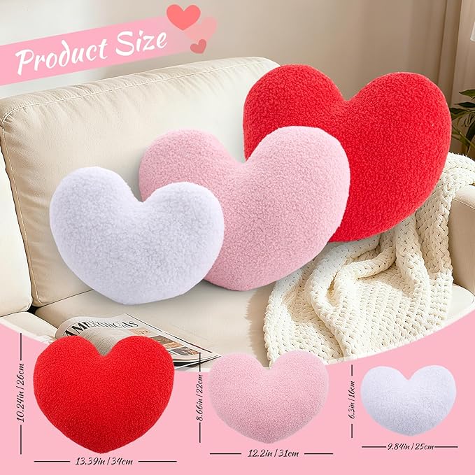 3 Pcs Heart Shaped Throw Pillows Set, Soft Teddy Fleece Plush Decorative Cushions in Red Pink White, Cute Aesthetic Accent Pillows for Sofa Couch Bed Bedroom Apartment Dorm Room Decor