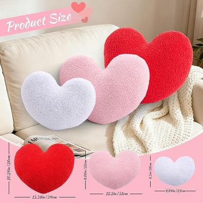 3 Pcs Heart Shaped Throw Pillows Set, Soft Teddy Fleece Plush Decorative Cushions in Red Pink White, Cute Aesthetic Accent Pillows for Sofa Couch Bed Bedroom Apartment Dorm Room Decor