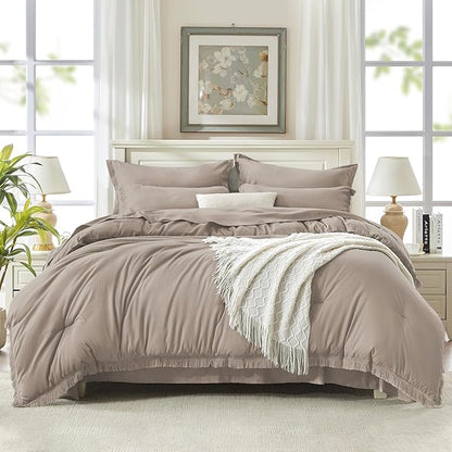 Andency King Size Comforter Set with Sheets Khaki - 7 Pieces Bed in a Bag Boho Soft Lightweight Bedding Sets, Tassel Bed Set with Comforter, Sheets, Pillowcases & Shams