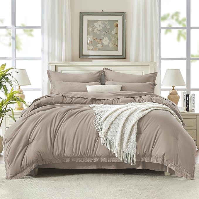 Andency California King Size Comforter Set with Sheets Khaki - 7 Pieces Cal King Bed in a Bag Boho Bedding Sets, Bed Set with Comforter, Sheets, Pillowcases & Shams
