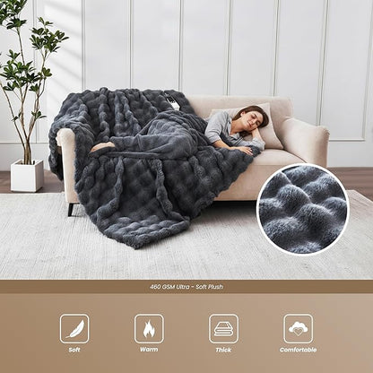 Heated Blanket Queen 84''x 90'', Fast Heating Electric Blanket Ultra-Soft Faux Rabbit Fur with 5 Heat Levels & 5H Auto Shut-Off, Overheat Protection, Machine Washable