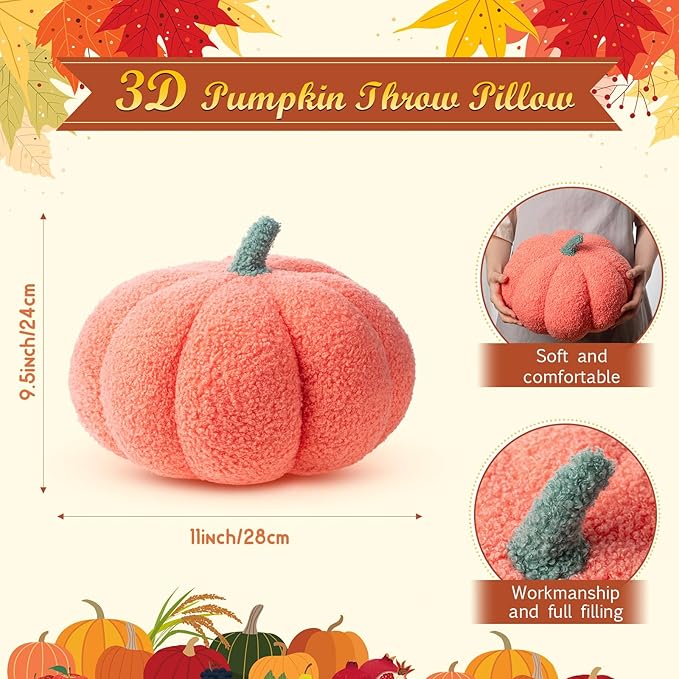 Kajaia 1 Pcs Pumpkin Pillow Plush 11 x 9.5 Inch 3D Cushion Fall Decorations Simulated Stuffed Throw Pillows for Halloween Thanksgiving Bedroom Sofa Couch Supplies (Pink)