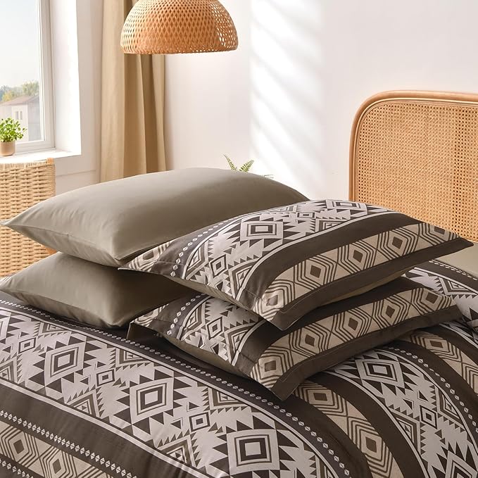 Anibedding Brown Comforter Set Queen 7 Pieces Boho Western Bedding Set for All Season, Aztec Bed in a Bag Queen Soft Microfiber Comforter Set with Sheets, Pillowcases & Shams