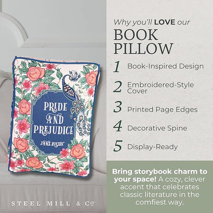 Steel Mill & Co. Book Shaped Throw Pillow, 14.5" x 10" Decorative Literary Pillow with Embroidered Cover, Printed Page Edges and Piping Detail for Mother's Day Gifting (Pride and Prejudice)