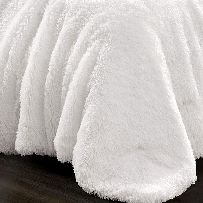 Lush Decor Emma Faux Fur Comforter Queen Size 3 Piece Set Full/Queen White - White Bedding Set Queen Comforters - Fluffy Comforter - Modern Decor