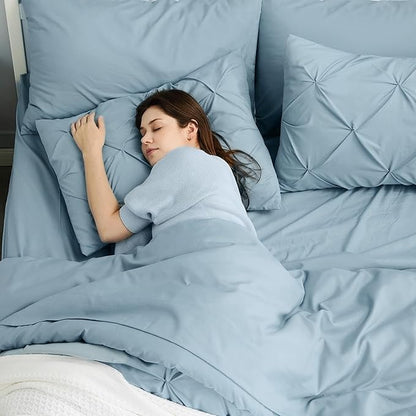 Bedsure Queen Comforter Set Light Blue - Bed in a Bag Queen Size Bedding 7 Pieces, GentleSoft™ Pintuck Bed Set Gift for Family, Pinch Pleat All Season Comforter with Sheets, Pillowcases & Shams