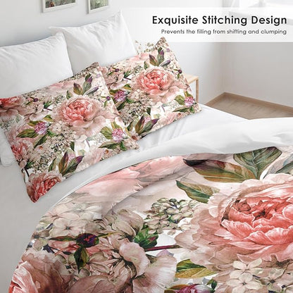 Comforter Set Full Size, Floral Rose Lilac 3 Pcs Soft Bedding Set for Kids and Adults, Green Leaves Botanical Comforter Set with 2 Pillowcases, for Bedroom Bed Decor