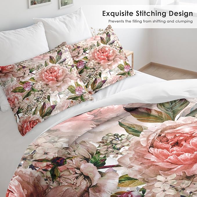 Comforter Set King Size, Floral Rose Lilac 3 Pcs Soft Bedding Set for Kids and Adults, Green Leaves Botanical Comforter Set with 2 Pillowcases, for Bedroom Bed Decor