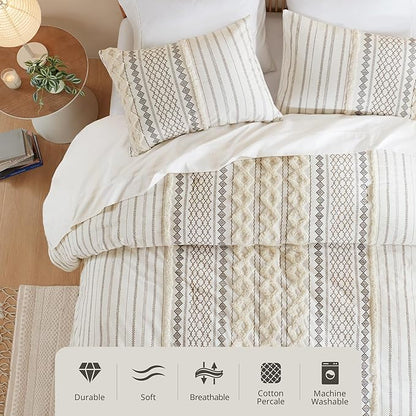 INK+IVY Imani 100% Cotton Duvet Mid Century Modern Design, All Season Comforter Cover Bedding Set, Matching Shams, Full/Queen, Ivory Chenille Tufted Accent 3 Piece