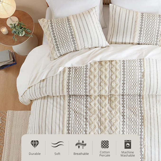 INK+IVY Imani 100% Cotton Duvet Mid Century Modern Design, All Season Comforter Cover Bedding Set, Matching Shams, King/Cal King, Ivory Chenille Tufted Accent 3 Piece