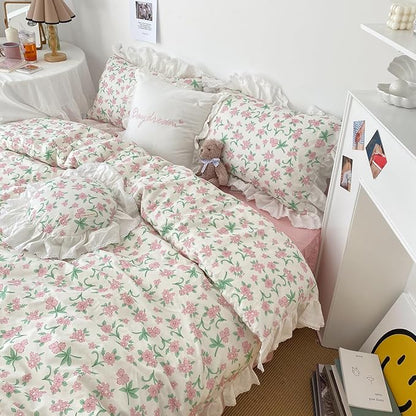 HighBuy Lace Ruffled Comforter Set Full Coquette Cottagecore White Pink Floral Bedding Comforter Cozy Soft with 2 Ruffle Pillowcases,Princess Quilted Comforters Fluffy Chic Skin Friendly