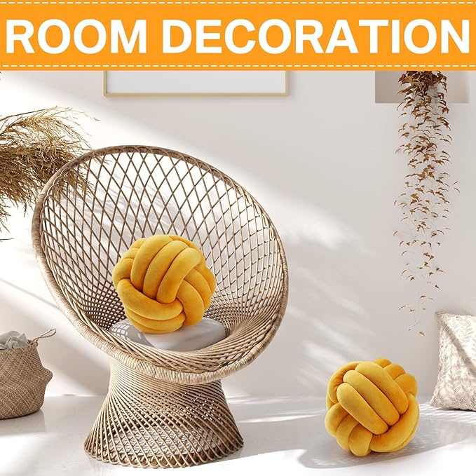 Namalu 2 Pcs Soft Knot Pillow Ball, Decorative Round Throw Knotted Pillows Cushion, Handmade Stuffed Ball Pillows for Winter Bedroom Sofa Couch Home Decor(7.87 Inches,Ginger Yellow)