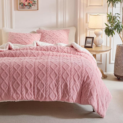 Joyreap 3-Piece Fluffy Faux Fur Sherpa Comforter Set Pink, King Size Luxury Tufted Bedding Comforter Set, All Season Soft n Cozy Plush Comforter Bed Set- 100x88 inches
