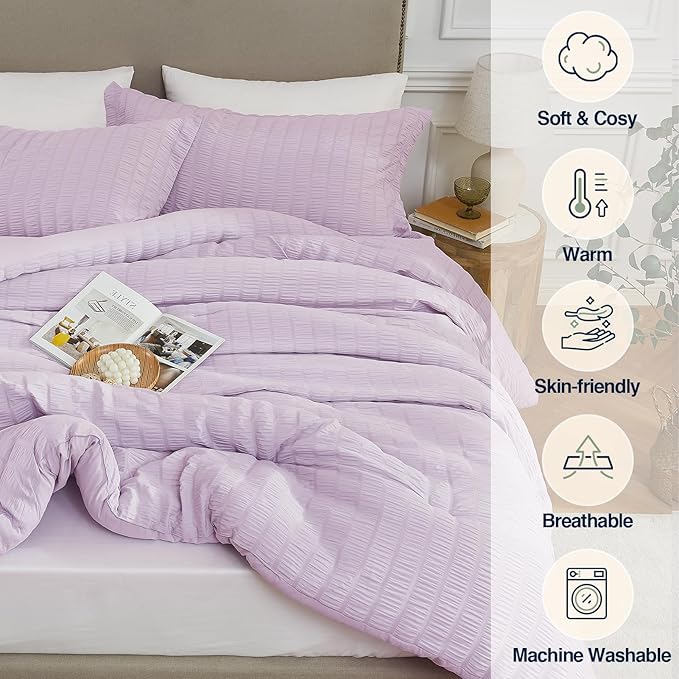 Full Size Comforter Set Light Purple,3PCS Seersucker Lightweight Bedding Comforter for All Season, Full Size(82''×86'' Comforter & 2 Pillowcases)