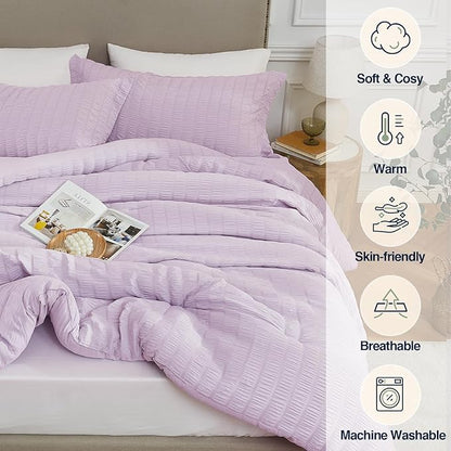 Full Size Comforter Set Light Purple,3PCS Seersucker Lightweight Bedding Comforter for All Season, Full Size(82''×86'' Comforter & 2 Pillowcases)