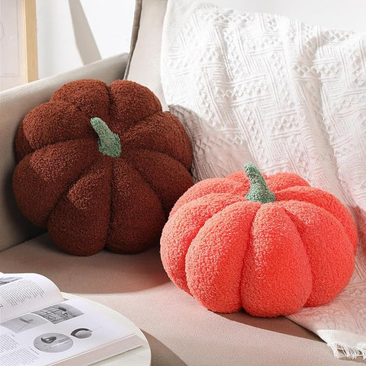 Kajaia 2 Pcs Pumpkin Pillow Plush 11 x 9.5 Inch 3D Cushion Fall Decorations Simulated Stuffed Throw Pillows for Halloween Thanksgiving Bedroom Sofa Couch Supplies (Orange,Brown)