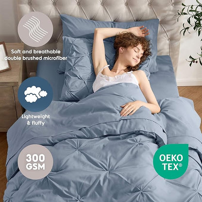 Nestl Twin Comforter Set 5 Piece, Pintuck Twin Bedding Set Stone Blue, College Dorm Room Essentials for Girls and Boys Bed in a Bag Twin All Season, Twin Comforter Set with Sheets, Pillowcase and Sham