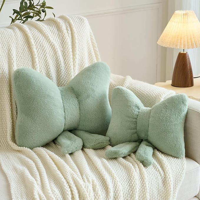 Xuyier Bow Pillows, Bow Shaped Decorative Throw Pillows for Couch Bed, Aesthetic Cute Home Decor Accent Pillows (Sage Green, Large-16 Inches)