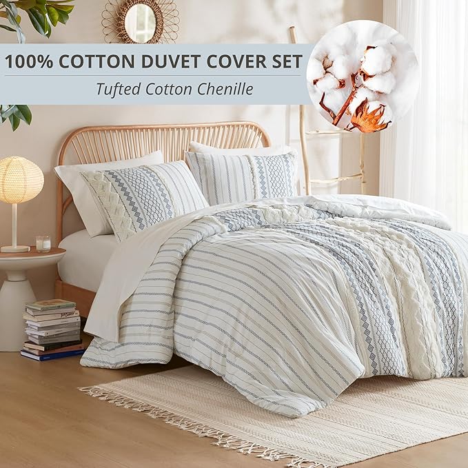 INK+IVY 100% Cotton Duvet Mid Century Modern Design, All Season Comforter Cover Bedding Set, Matching Shams, Full/Queen, Imani Chenille Navy