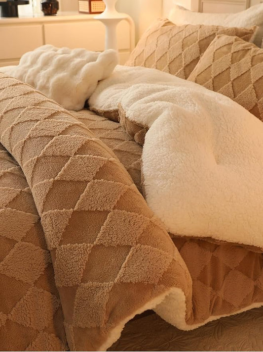 Tufted Fleece Comforter Set Queen - Super Soft Warm Fluffy Shaggy Bedding Sets, Diamond Plaid Jacquard Bed Set for Winter, 1 Sherpa Comforter with 2 Pillow Cases (90"X90" Beige)