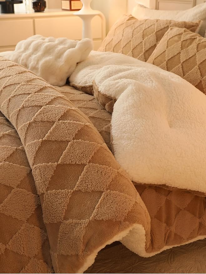 Tufted Fleece Comforter Set Twin - Super Soft Warm Fluffy Shaggy Bedding Sets, Diamond Plaid Jacquard Bed Set for Winter, 1 Sherpa Comforter with 1 Pillow Cases (68"X90" Beige)