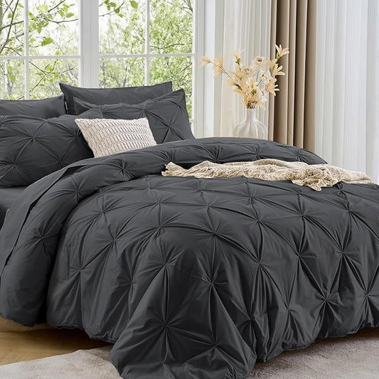 Sasttie Twin XL Comforter Set, 5-Piece Bed in a Bag, Pintuck Bedding Set for All Season, Includes Comforter, Flat Sheet, Fitted Sheet, Pillowcase and Pillowsham, Dark Grey