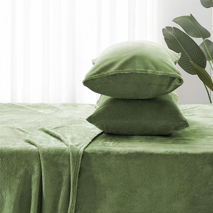 BEDELITE Flannel Sheets Twin Size Sage Green - Super Soft Fleece Sheets Set Fluffy Extra Plush, 3 Piece(Include Fitted Sheet, Flat Sheet, 1 Pillowcase)