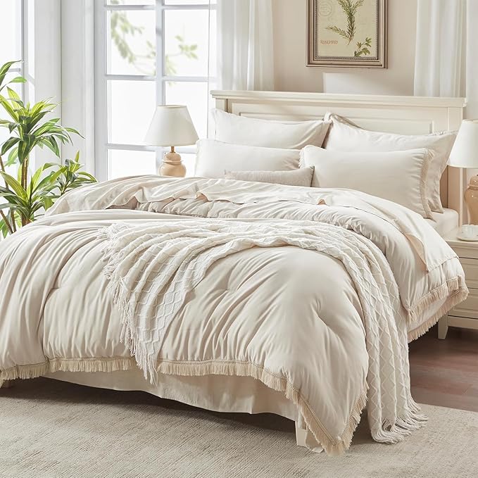 Andency Oversized King Comforter Set with Sheets 128x120 Beige - 7 Pieces Bed in a Bag Boho Soft Lightweight Bedding Sets, Tassel Bed Set with Comforter, Sheets, Pillowcases & Shams