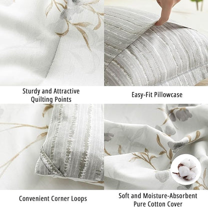 Vintage Botanical White Cotton Comforter King Size - Elegant Gray Flowers and Taupe Branches on White, Light Gray Striped Back, 3PC Lightweight Bedding Set with Ultra-Soft Alternative Fill