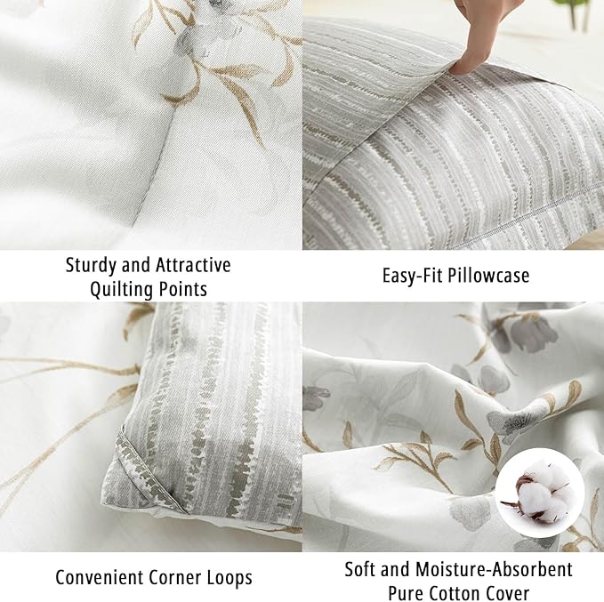 Vintage Botanical White Cotton Comforter Queen Size - Elegant Gray Flowers and Taupe Branches on White, Light Gray Striped Back, 3PC Lightweight Bedding Set with Ultra-Soft Alternative Fill