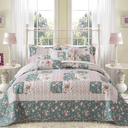 BEDIFANY French Style King Size Quilt Set for Farmhouse - 3 Pieces Cotton Filling Garden Lightweight Bedspreads King with Floral Pattern - All Season Quilt Bedding Sets for Decorations
