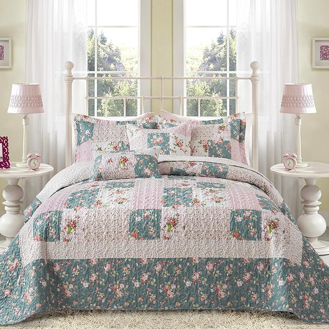 BEDIFANY French Style Queen Size Quilt Set for Farmhouse - 3 Pieces Cotton Filling Garden Lightweight Bedspreads Queen with Floral Pattern - All Season Quilt Bedding Sets for Decorations