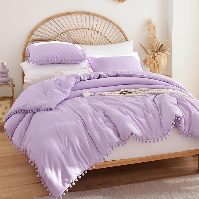 YIRDDEO Twin Comforter Set - Comforter Twin Size Bed with Ball Pom Fringe, Soft Bedding Set for All Seasons - 2 Pieces, 1 Comforter (66"x90") & 1 Pillow Sham(20"x26"), Lavender Purple