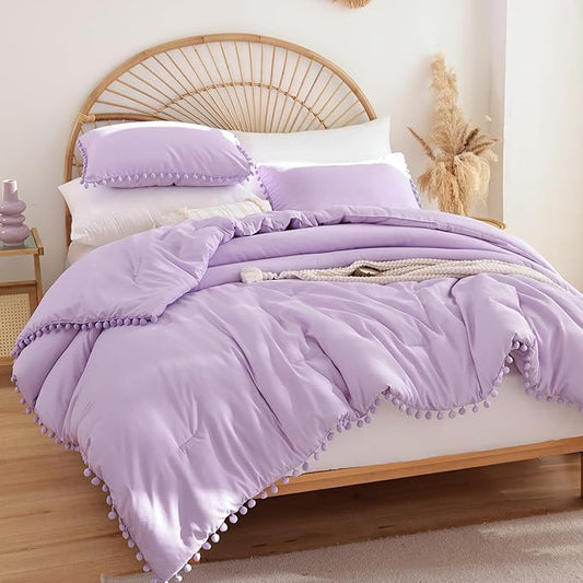 YIRDDEO Queen Comforter Set - Comforter Queen Size Sets with Ball Pom Fringe, Soft Bedding Set for All Seasons - 3 Pieces, 1 Comforter (90"x90") & 2 Pillow Shams (20"x30"), Lavender Purple